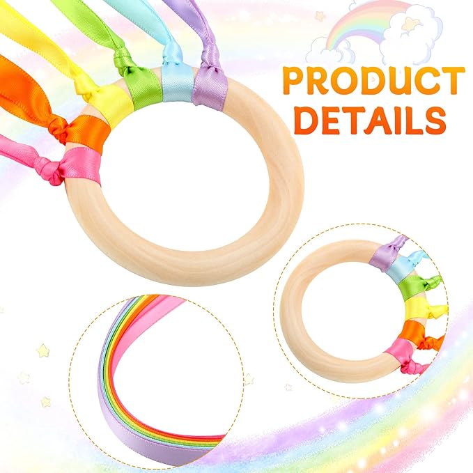 Sumind 6 Pcs Rainbow Ribbon Hand Kites Wands for Kids Dancer Streamer String Toy Thrown Waldorf Wand with Wooden Ring Wand Learning Educational(Fresh Colors)