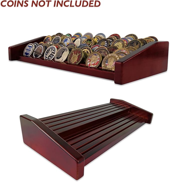 8 Rows Military Challenge Coin Display Stand - Holds 60-70 Coins, Solid Wood Army Police Coin Rack Display Holder for Desktop, Mahogany