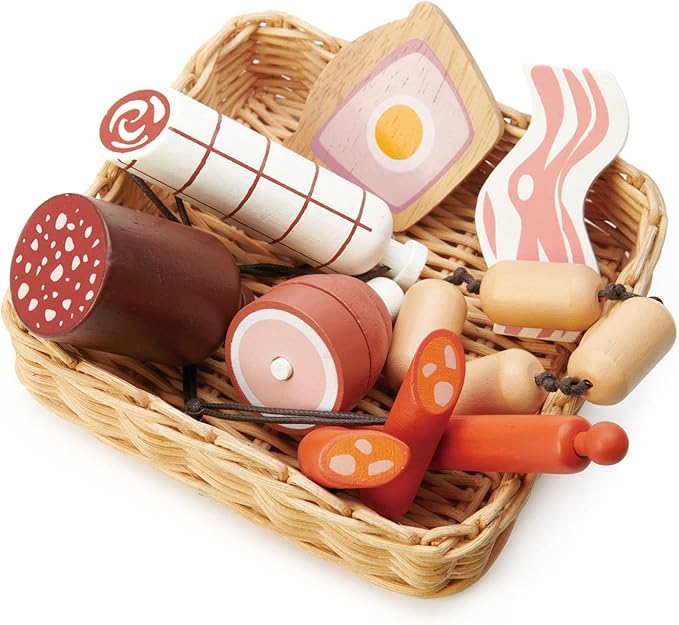 Tender Leaf Toys - Charcuterie Basket - 11 Pcs Solid Wood Cured Meats with Hand-Crafted Wicker Basket, Pretend Food Playset Supermarket Shopping Game Play Kitchen Farmer's Market Accessories - Age 3+