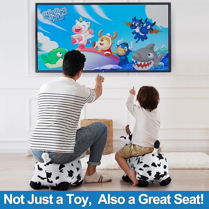 iPlay, iLearn Bouncy Pals Hopping Cow Horse, Toddler Girl Boy Inflatable Bouncing Animal Hopper Toy, Outdoor Indoor Plush Ride on Bouncer, Baby Birthday Gift 18 Month 2 3 4 Year Old Kid - Cow