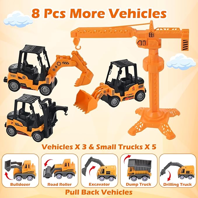 34Pcs Sand Construction Site Kit Sensory Bin Toy for Toddler with 8 Vehicles, 6 Castle Molds, 5 Road Signs, 4 Worker Figures, 2.2lbs Sand, Learning Sand Toys Birthday Gift for Kids Boys Ages 3 4 5