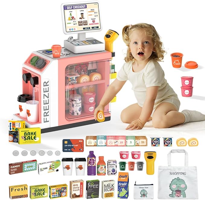Cash Register Playset for Kids - 48PCS with Toy Coffee Machine,Pretend Play Money, Calculator, Scanner, Credit Card and Play Food for Boys and Girls！