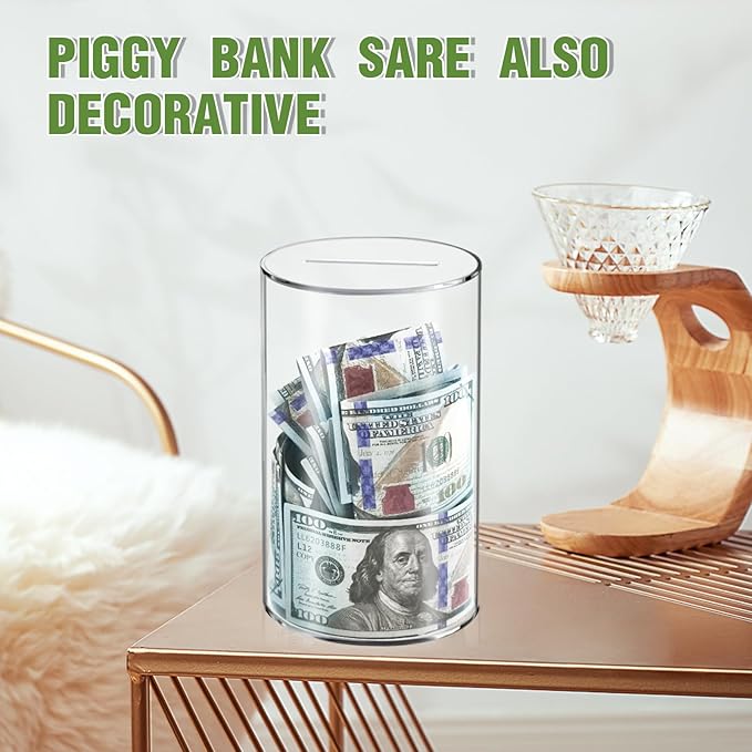 Clear Piggy Bank for Adults/Kids, Acrylic Unopenable Money Box for Cash Coin Saving, Must Break to Open, Money Saving Jar for Adults Boys Girls, Size 8" H x 5" Diameter