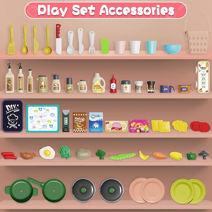 Kids Kitchen Playset Set, 63PCS Pretend Play Kitchen Toys for Toddlers, Cooking Stove with Steam Sound Light, Play Sink with Manual Faucet, Play Food Accessories Gift for Girls, 33’’H Red