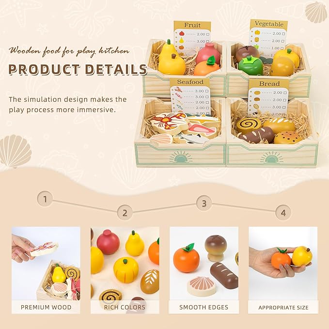 Wooden Play Food Sets for Kids Kitchen,Grocery Store Play Food Set,Play Toy Foods for Toddlers with Mesh Grocery Bag&4 Boxes,Pretend Play Fake Food Accessories Birthday Gifts for Girls Boys