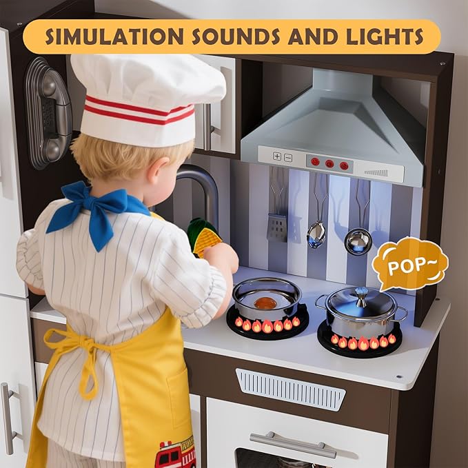 JOYDIAS Kids Play Kitchen Set, Pretend Wooden Kid Kitchen Playset Toy Kitchen w/Sound and Light, Oven, Ice Maker, Blackboard & Toy Storage Box, Toddler Kitchen Accessories for Kids Ages 3+