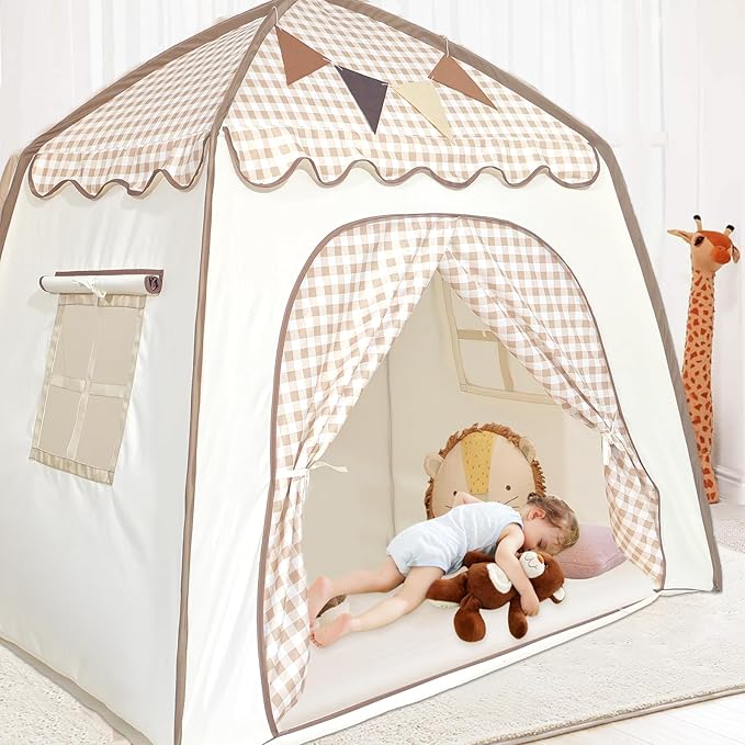 Toddler Bed Tent, Kids Play Tent with Flags, Star String, Portable Bed Canopy for Boys & Girls, Children, Indoor Outdoor Dome Playhouse, Khaki Plaid, 51" x 39" x 51"