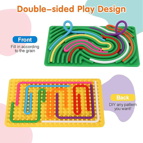 2pcs Sensory Activity Board, Double-Sided Silicone Fidget Toys for Kids 3+ & Adults, Sensory Toys for Anxiety, ADHD, Autism, Calming, Includes Travel Bag & 20 Strings, Yellow & Green