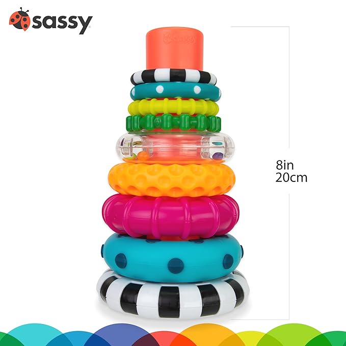 Sassy Tummy Time See Me Floor Mirror for Ages 0+ Months (80928) & Stacks of Circles Stacking Ring STEM Learning Toy, Age 6+ Months, Multi, 9 Piece Set