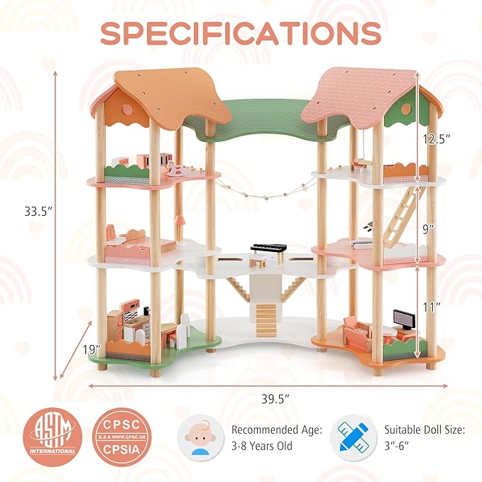 Costzon Wooden Dollhouse for Kids, 3-Story Luxury Doll House with 32 Pieces Furniture Accessories, 7 Rooms, Stairs & Balcony, DIY Pretend Dollhouse Playset, Gift for Girls Toddlers Ages 3+ (Colorful)