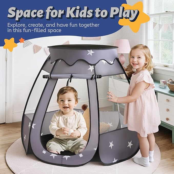 Pop Up Play Tent with Star Light：Neutral Toy for Boy Girl Birthday Gifts, Portable Ball Pit with Outdoor Carry Bag, Collapsible Kids Tent for Toddler Indoor Activity Playhouse,NO Balls(Black)
