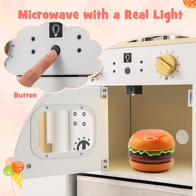 Costzon Kids Kitchen Playset, Wooden Pretend Play Kitchen w/Real Lights & Sounds, Chalkboard, Microwave, Ice Maker, Dishwasher, Sink, Cookware Accessories, Play Kitchen for Kids Ages 3+ (White)