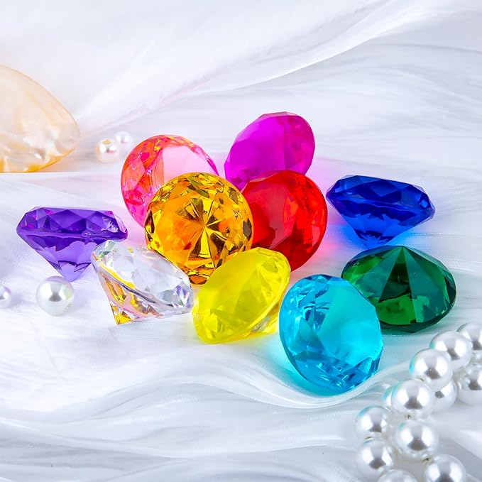 Niceup 56pcs Heart and Diamond Diving Gems 1.57in Tressure Box Easter Egg Filler Princess Party Decoration Favors Crystal Acrylic Heart Shape Gemstones for Summer Swimming Training Pool Toys