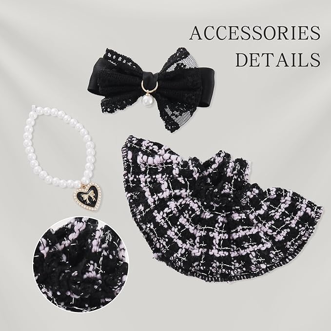17cm Doll Clothes Set & Dolls Outfit 3-Piece Handmade Doll Clothing Set with Dress Necklace and Bow Accessories for 17cm Plush Dolls, Clothes Only, No Doll Included (Black)
