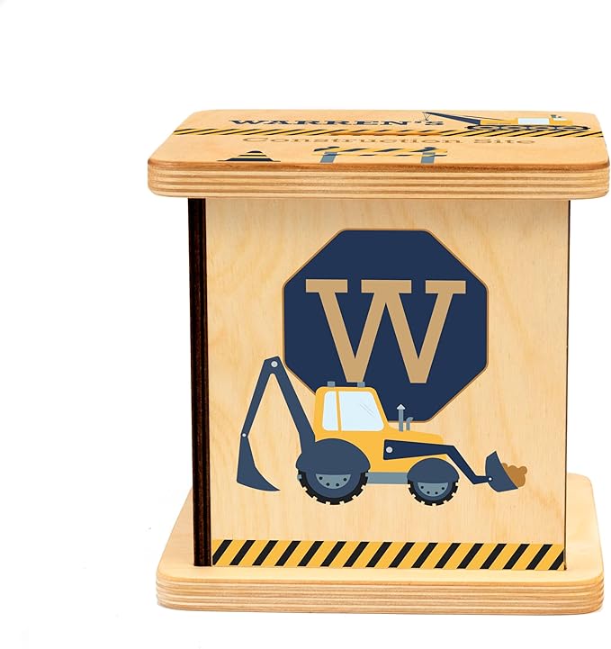 Wooden Piggy Bank for Kids and Adults, Personalized Gift Handmade in USA by BloomOwl, Custom Piggy Bank, Personalized Banks for Kids, Gifts for Baby Boys and Girls (Construction- Navy)
