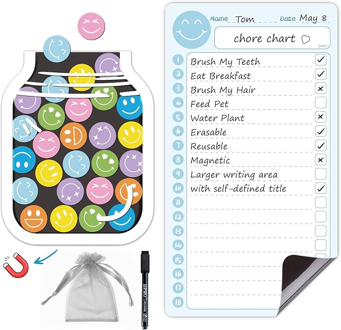 JJPRO Magnetic Reward Jar for Kids with Daily Checklist- 10" x5.5“ Home Chore Chart for Fridge,Daily to Do List Board for Toddlers,Magnetic Reward Jar Positive Behavior Training -Blue