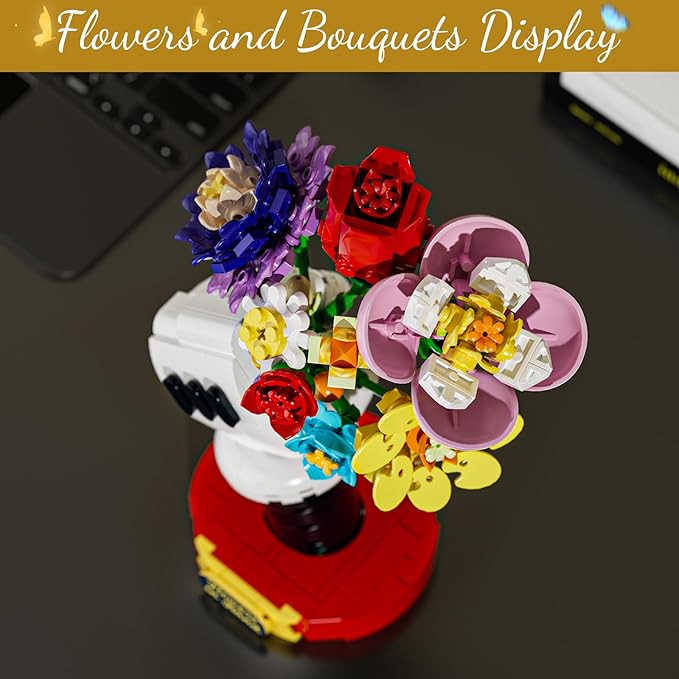 Floral Bouquet Building Set with Elegant Display Stand – Creative Artificial Flowers Kit for Home Decor, Mother’s Day & Valentine’s Gifts. Perfect for Ages 6+, a Thoughtful Present for Loved Ones!
