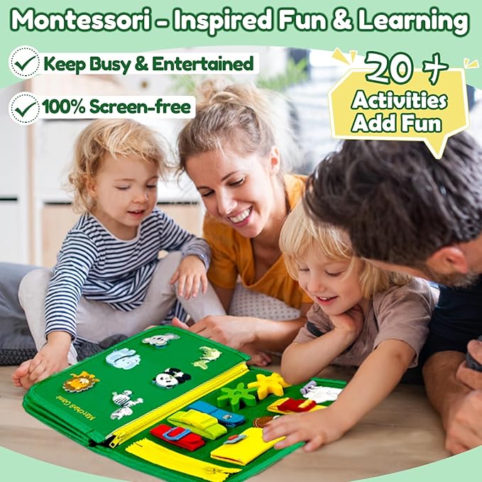 Qizfun Busy Board Montessori Toy for Toddlers, Educational Sensory Learning Toy for Fine Motor Skills, Preschool Travel Toy for Airplane & Car, Gifts for Boys and Girls