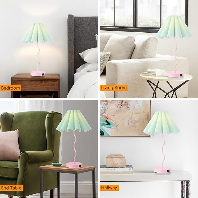 Table Lamp for Bedroom Nightstand Modern Touch Green Pink Lamp Dimmable Lamp for Living Room End Table with USB Port and Outlet