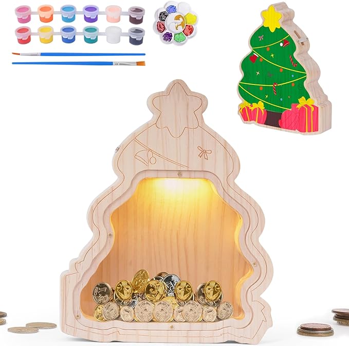 Wooden Piggy Bank for Kids, DIY Night Light Personalized Money Bank for Boy, Girl, Unbreakable Saving Box with Paintbrush and 12 Paints, Coin Jar Gift for kids Birthday&Decor (Xmas-tree）