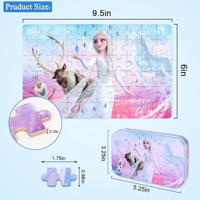 Puzzles for Kids Ages 4-8,Kid Puzzls in a Metal Box,Winter Princess Snowman Deer Horse Small Puzles,Kids Boys Girls Learning Educational Puzzes Packed in Tin Box,60 Pieces