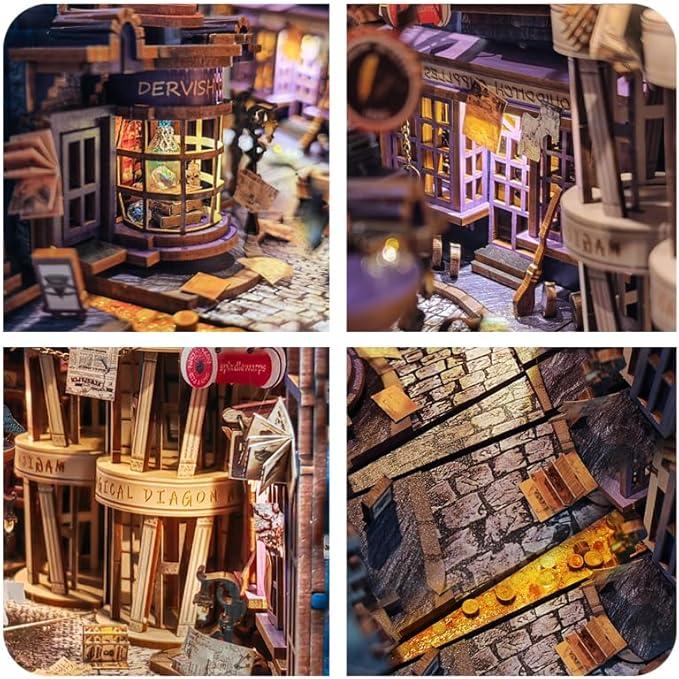 DIY Book Nook Kit,Dollhouse Booknook Bookshelf Insert Decor,3D Wooden Puzzles with LED Dust Cover,Book Nook Miniature Kit,Birthday Halloween Home Decor for Teen Adult-Magic Night Alley