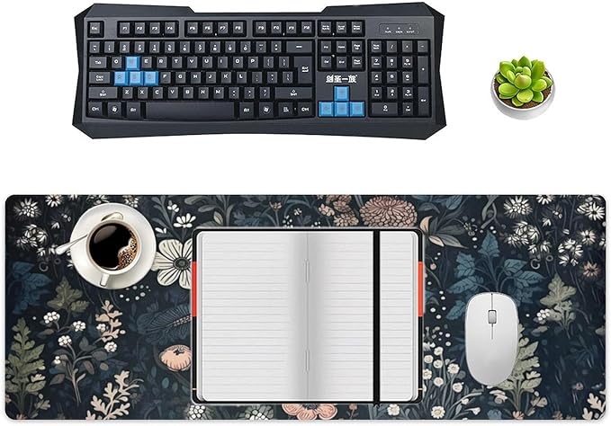Dark Flower, Floral Plants Mouse Pad, Aesthetic Wildflowers Desk Pad, Gaming Mouse Pad, Non-Slip Rubber Base, Stitched Edges，31.5x11.8 inch Computer Mouse Mat Keyboard for Home Office