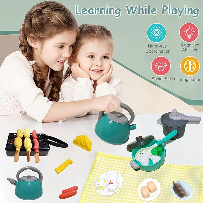 Kids Kitchen Toy Accessories, 61PCS Toddler Pretend Cooking Play Pots, Kitchen Playset, Play Pots, Pans, Utensils Cookware Toys, Play Food Set, Vegetables, Learning Gift for Girls Boys (Green)