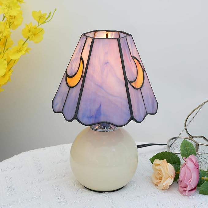 Mushroom Lamp Tiffany Stained Glass Moon lamp Cute Small Bedside Table Lamps for Living Room Home Decor,Girls Women Birthday Christmas Thanksgiving Day Gift,Pink Blue