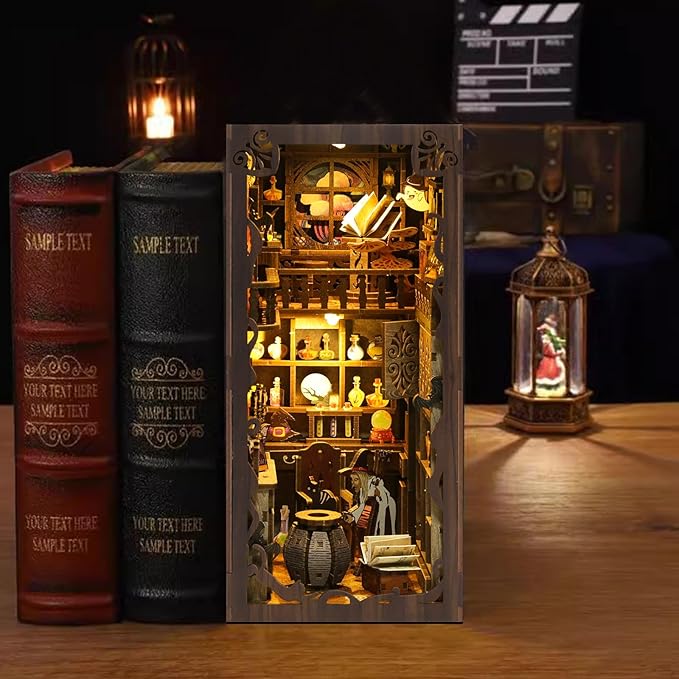 Book Nook Kit - DIY Miniature Dolls House Kit with Furniture and LED Light, 3D Puzzle Wooden Art Bookends, Model Kits for for Adults and Teens (Magic Night)