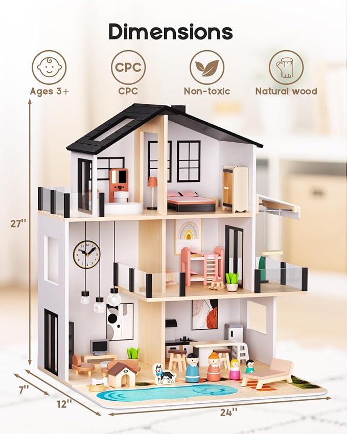 BIERUM Wooden Dollhouse, Large Modern Doll House with 49Pcs Furniture Accessories, Dolls & Pets, DIY Puzzle Pool Yard, Wood Dollhouse Toy for Toddlers 3+, Ideal Gift for Boys and Girls (Black)