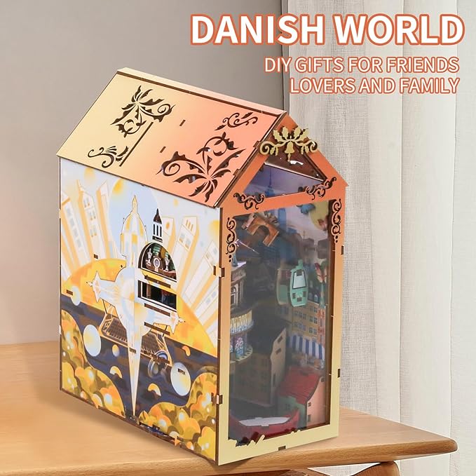 3D Denmark Book Nook Kit, Miniature Dollhouse Booknook Kit, Interactive Wooden Dollhouse kit, Bookshelf Decor Puzzle, Bookend Decor Kit for Adults and Teens