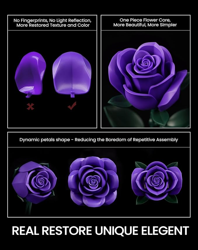 iATOM Purple Rose Bouquet Building Set, Artificial Flowers Botanical Collection for Adults Women, Gift for Halloween & Valentines Day - Gothic Home Office Table Centerpiece Decor - IA11017