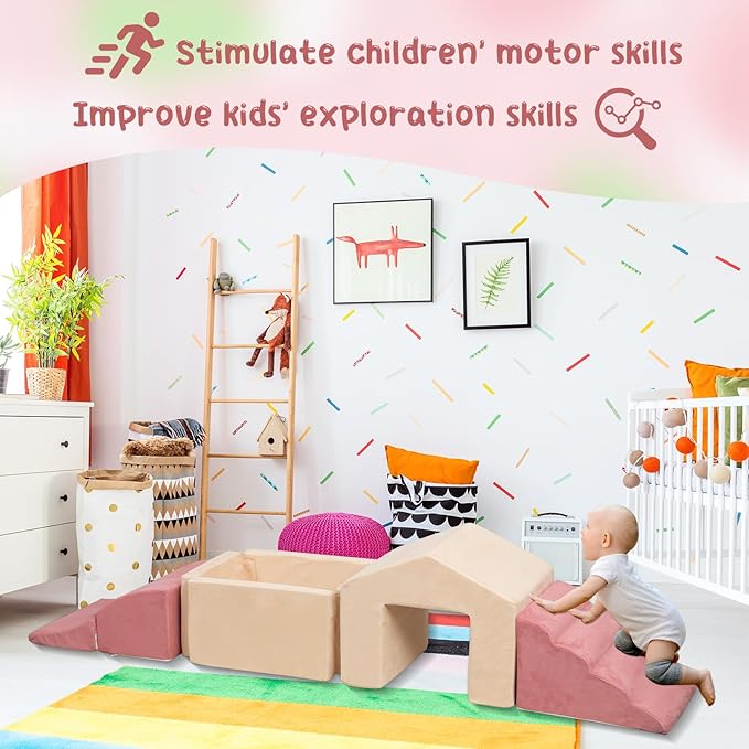 Foam Climbing Toys for Toddlers, 6PCS Climb and Crawl Activity Playset, 5 in 1 Soft Crawling Climbing Blocks Indoor, Toddler Play Climbing and Ball Pit with Slide Stairs and Ramp