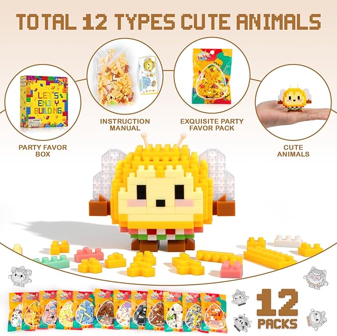 HIGH GODO 12Pack Mirco Mini Animals Party Favors Building Set, 2438PCS Cute Animals Set for Goodie Bag Stuffers Classroom Prizes, Gift for Kids Boys Girls 8+ (Not Compatible with Major Brand)