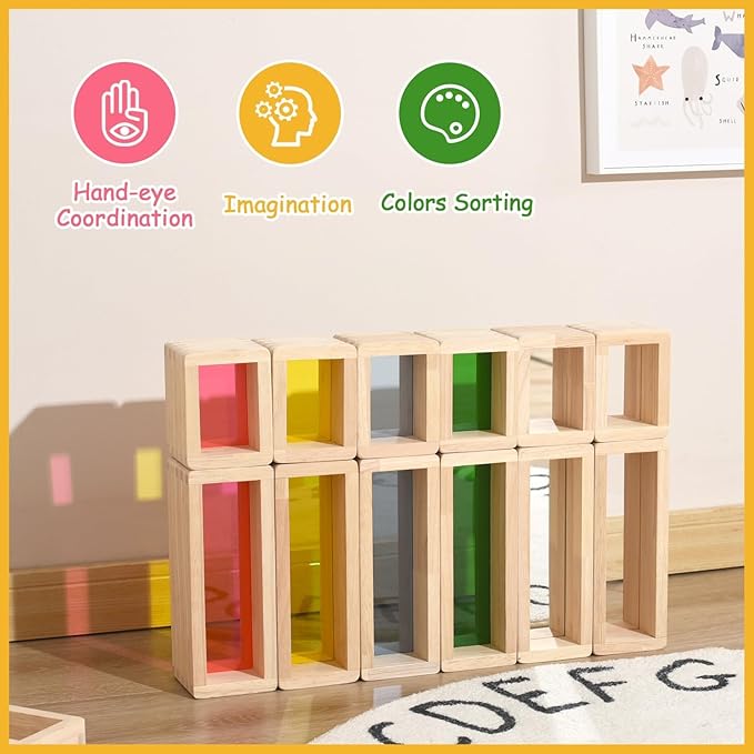 Large Wooden Building Blocks Set for Toddlers, 36 PCS Big Colorful Rainbow Window Hollow Blocks Set Montessori STEM Construction Toy for Kids Sensory Stacking Blocks for Preschool Kindergarten Play