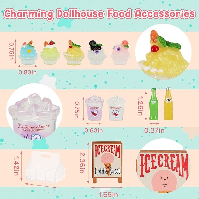 Mini Ice Cream Truck Toy Set with 7 Smoothies & 6 Drink Bottles - Display Case & Wooden Sign for Dollhouse Kitchen, Role Play & Pretend Food