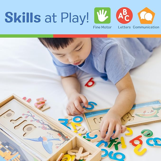 Melissa & Doug See & Spell Wooden Educational Toy with 8 Double-Sided Spelling Boards and 64 Letters Preschool Learning Activities, See & Spell Learning Toys for Kids Ages 4+