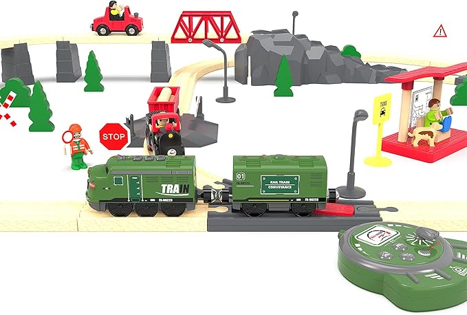 Train Toy Remote Control Locomotive, Motorized Train Set for Wooden Track, Electric Trains with Sound & Lighting Effects Compatible with Thomas, Brio, Chuggington
