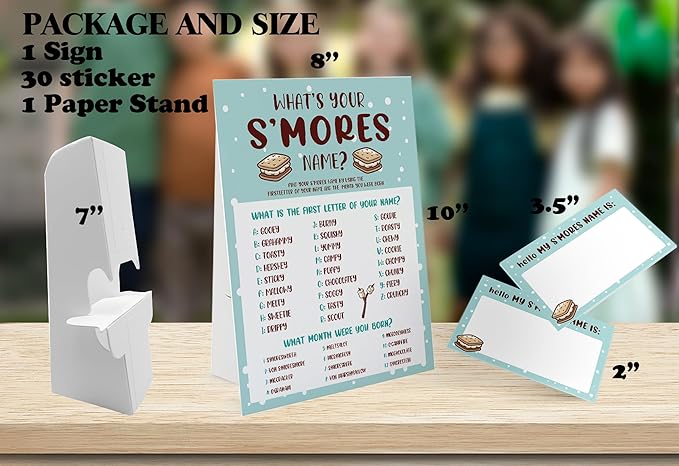 What's Your S'mores Name Game (1 S'mores Sign and 30 Name Tag Stickers), S'mores Game Party Decoration, Birthday Game for Kids, Family Game-28