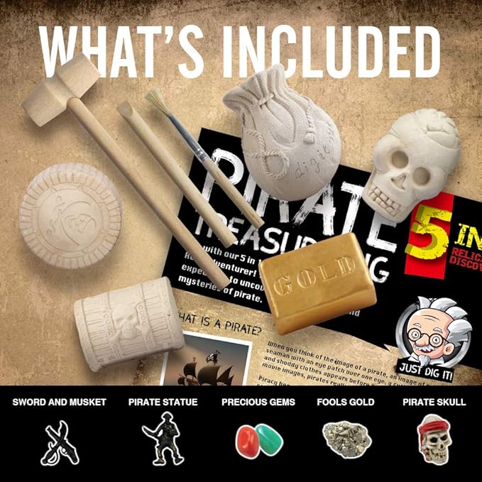 XXTOYS Pirate Treasures Dig Kit Break Into 5 Bricks Treasure Excavation Kits Pirate Toys Gems Dig Kits Interactive Excavating Toys Great Birthday Gift Party Supplies Archeology Educational STEM Kits