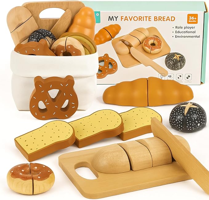 Wooden Food for Play Kitchen 18 PCS Play Food Set for Kids Kitchen Play Kitchen Food with Storage Bag Wooden Bakery Pretend Food Toy for Birthday Gift