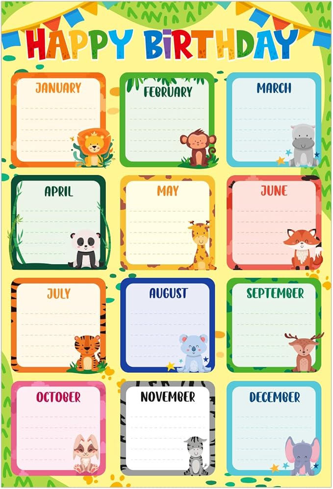 FLYAB Birthday Chart for Classroom - 11.2''x16.5'' Animals Happy Birthday Calendar Poster for Kids Back to School Bulletin Board Decorations Teacher Supplies