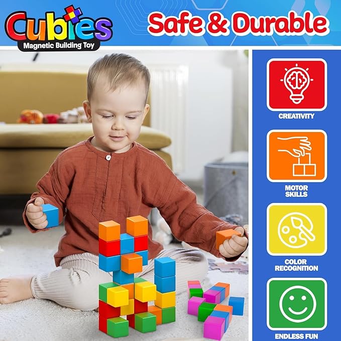 Playmags Magnetic Blocks Building Toy, 64pc Magnet Cubes STEM Toys for Toddler & Kids, Preschool, Educational Sensory Construction Block Toy for Boys & Girls