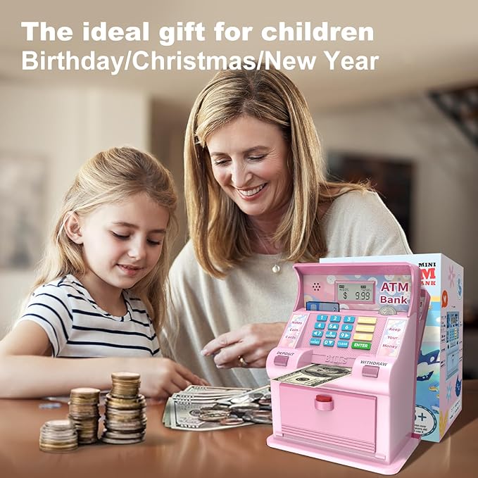 ATM Piggy Bank for Kids，ATM Bank Cash Coin Saving for Real Money with Debit Card，Coin Recognition, Balance Calculator, Electronic Savings Safe Box，Gift for Ages 6-13 Piggy Bank (Pink)