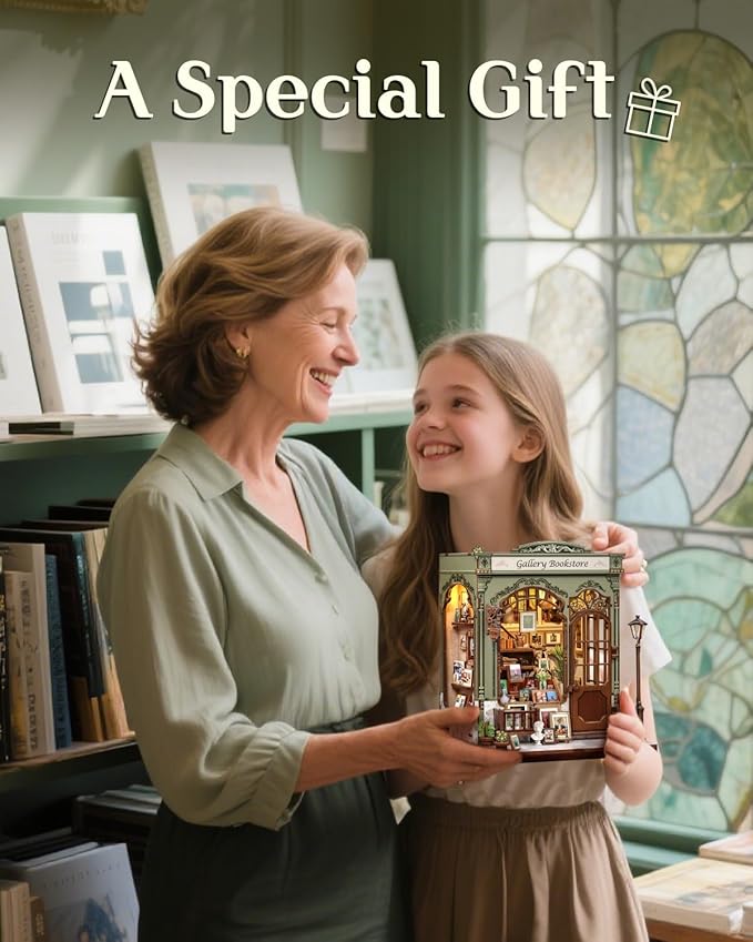 CUTEBEE DIY Book Nook Kit, Miniature House Kits for Adult and Teens, DIY Miniature Book Nook kit with Sensor Led Light, Gifts for Lovers and Family (Gallery Bookstore)
