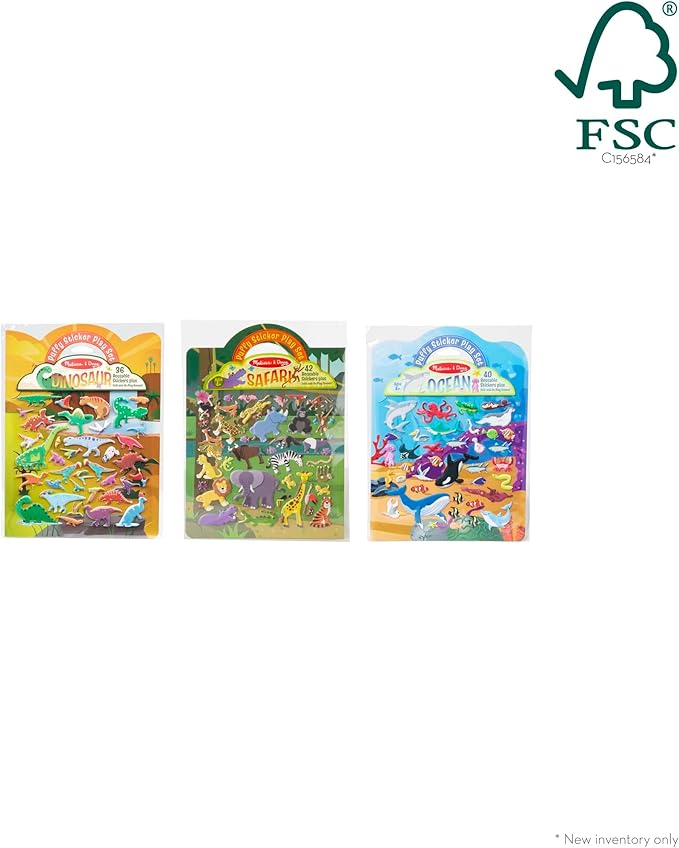 Melissa & Doug Puffy Sticker Activity Books Set of 3 – Safari, Dinosaur & Ocean, with 118 Reusable Puffy Stickers and Fold-Out Scenes, Mess Free Play Set & Travel Toys for Kids Ages 4+ - FSC Certified