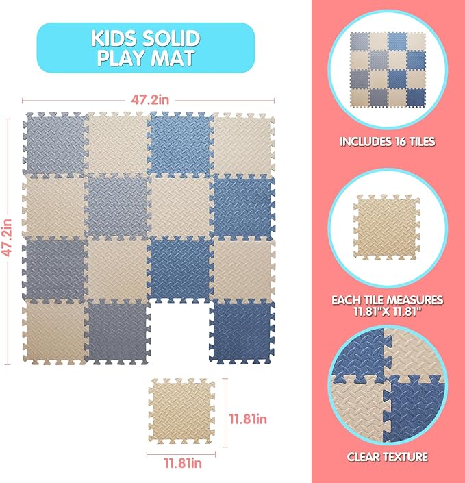 Play Mat for Babies, Solid Colored Foam Floor Mat, Non-Toxic Interlocking Puzzle Floor Mats, 0.4" Thick Square Kids Playmat丨47x47 Play Mat for Playpen (Beige/Gray/Gray Blue)
