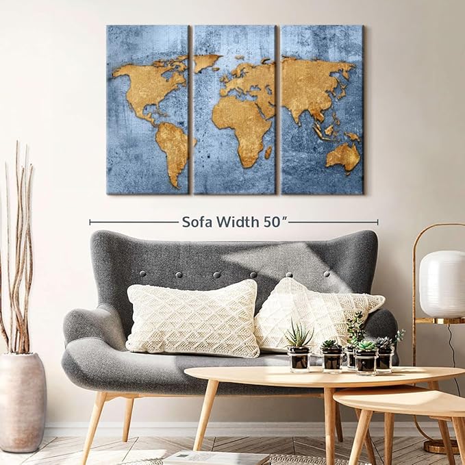 ElephantStock Azure World Map Wall Art Multi Piece Canvas - 3 Panel Wall Decor - Map of the World Art - Canvas for the Office and Home - 45" X 28"