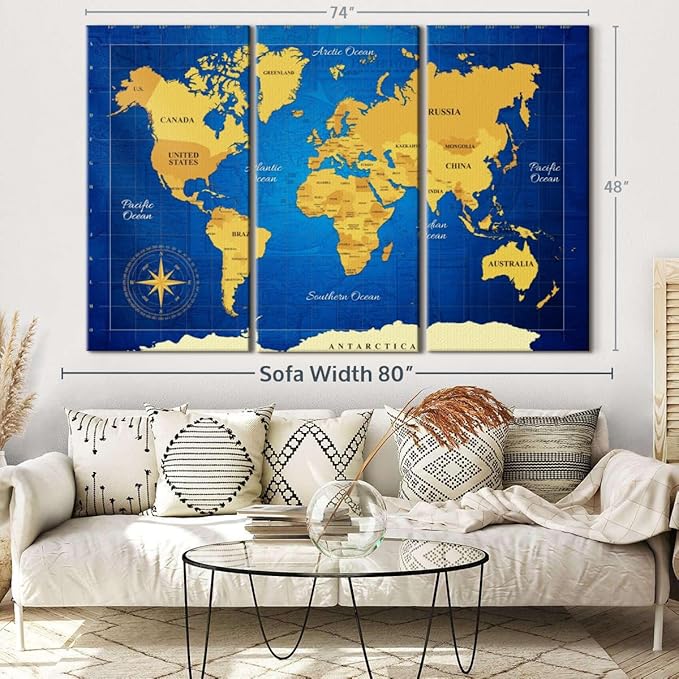 ElephantStock Yellow Longitude World Map Multi Piece Canvas - 3 Panel Wall Decor - Map of the World Art - Canvas for the Office and Home - 74" X 48"